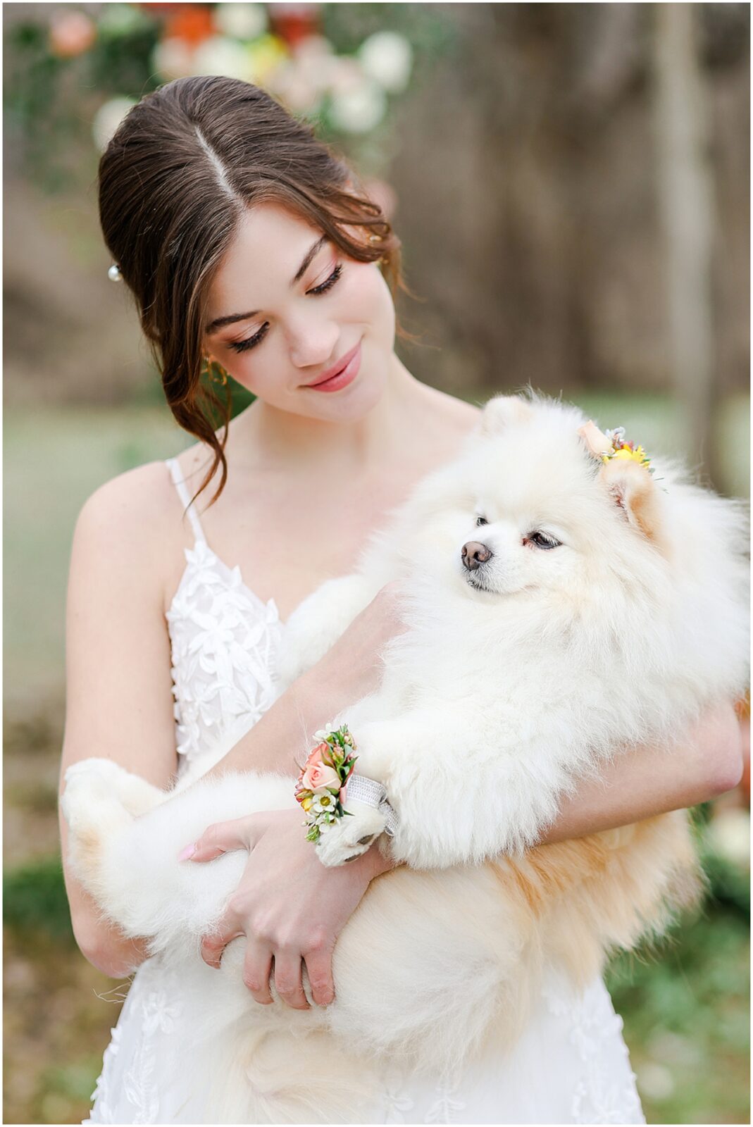 dog at wedding with flowers