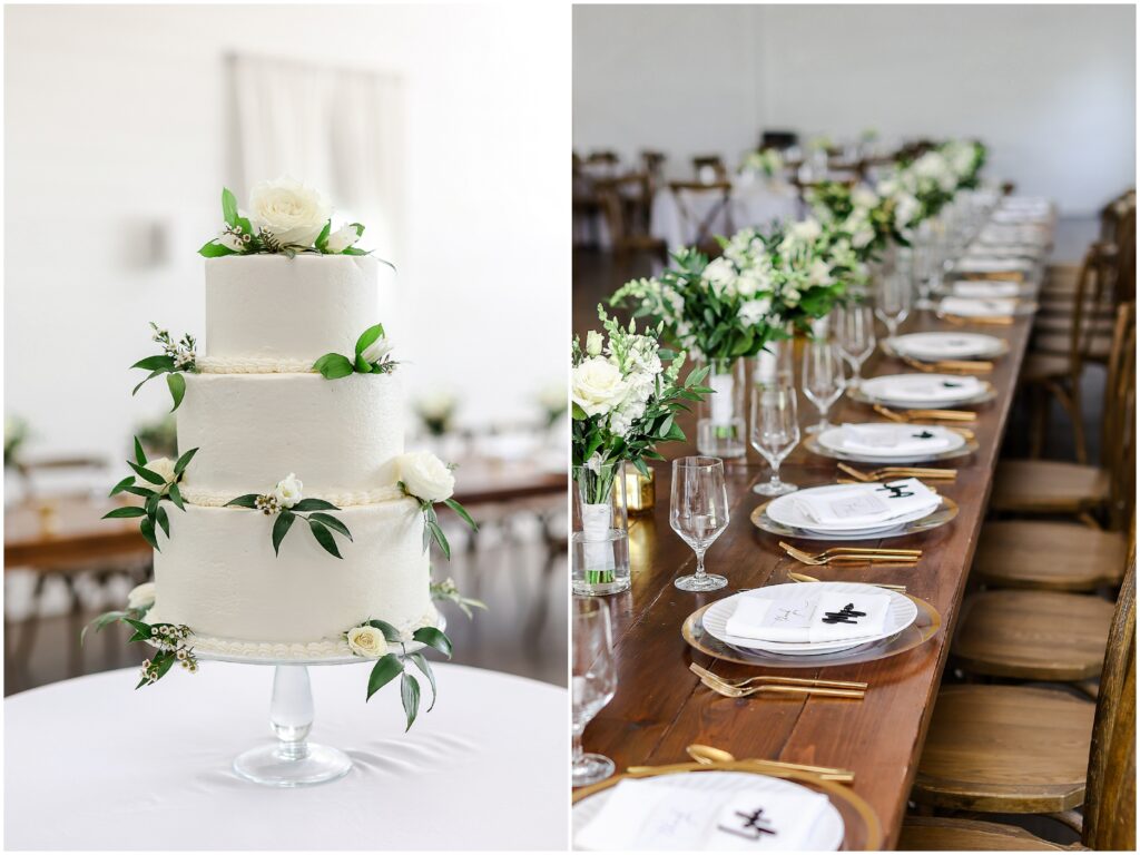 wedding cake and wedding reception details wedding venue at the farms at Woodend springs