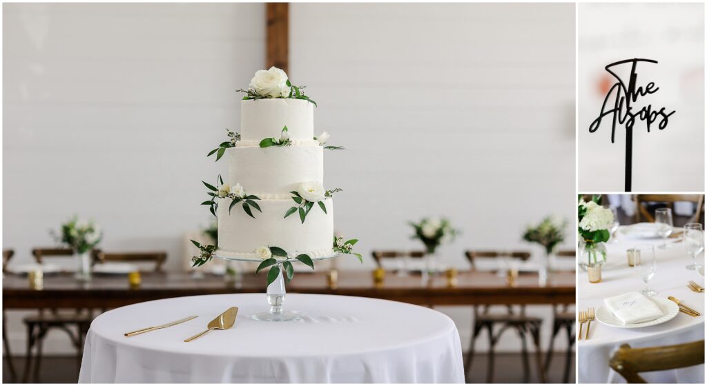 wedding cake and wedding reception details wedding venue at the farms at Woodend springs