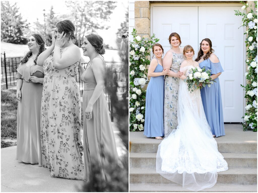 happy bridal party photos at the hawthorne house with blue and white flowers and theme - kansas city wedding photographer mariam saifan