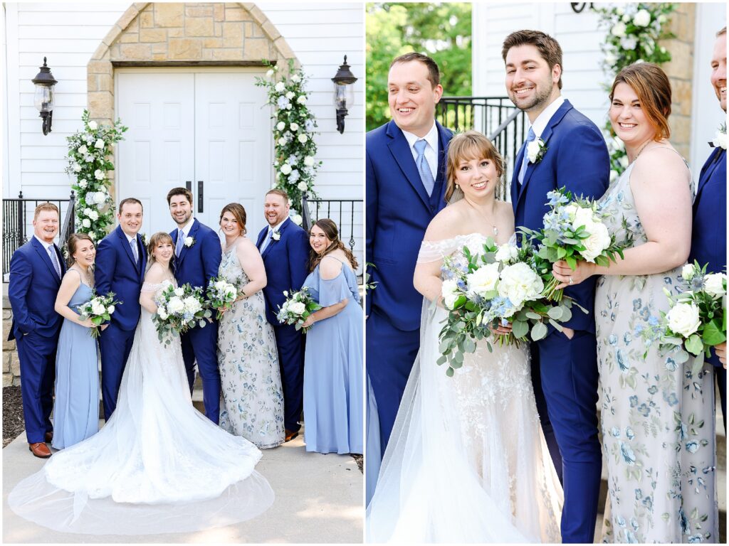 happy bridal party photos at the hawthorne house with blue and white flowers and theme - kansas city wedding photographer mariam saifan