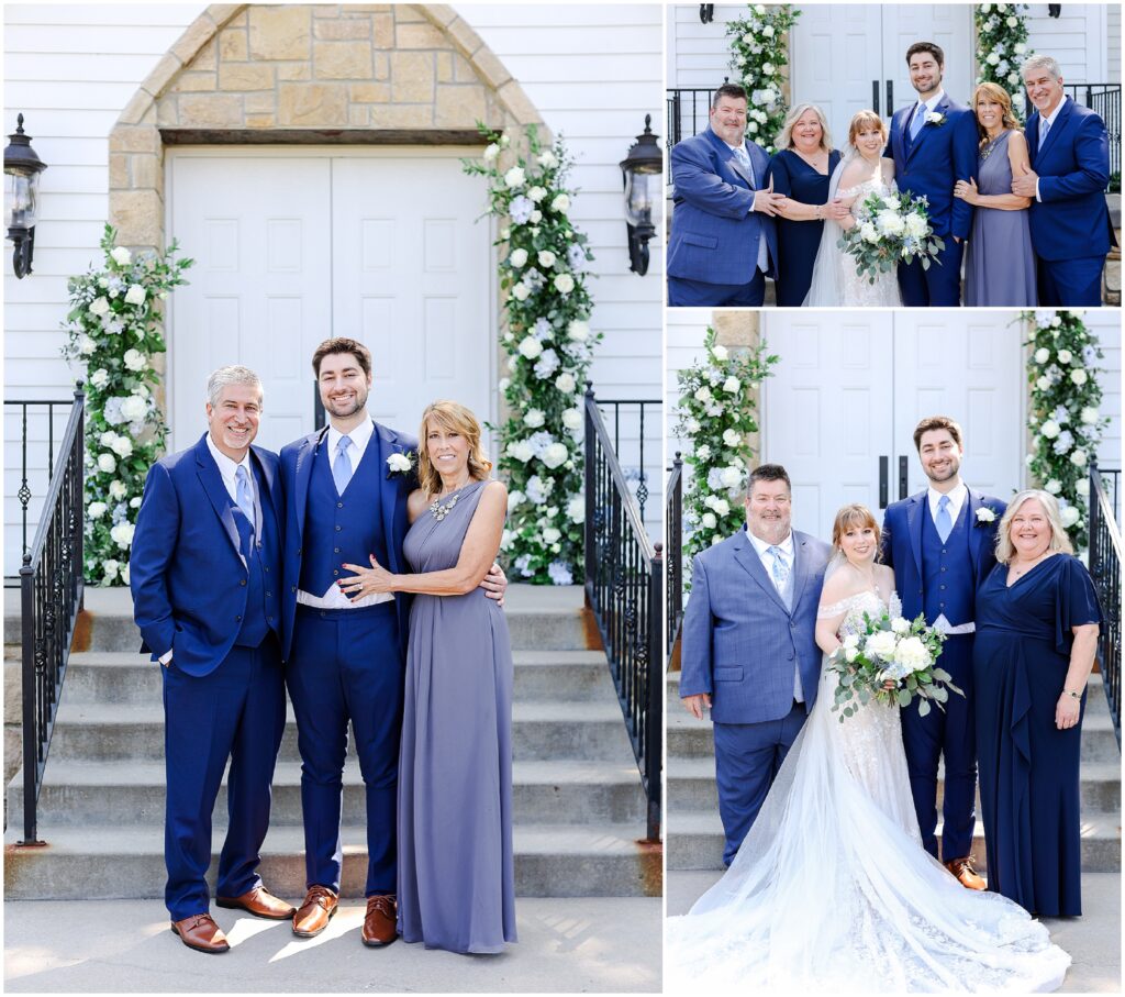 happy bridal party photos at the hawthorne house with blue and white flowers and theme - kansas city wedding photographer mariam saifan - family photos at the chapel 