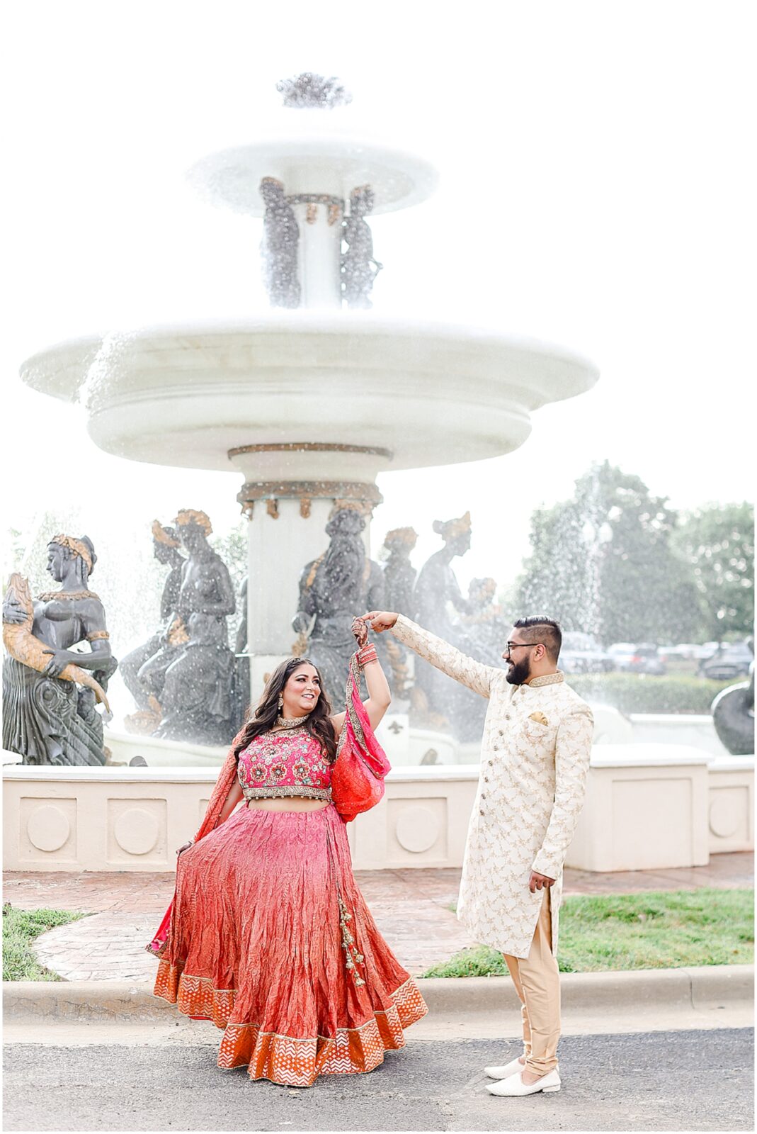 avent orangery fountain photo | pink indian outfit Indian Wedding Sangeet Party at Avent Orangery by Mariam Saifan Photography | Kansas City & STL Indian Wedding Photographer | Colorful Sangeet Decoration Ideas | Wedding at Avent Orangery 