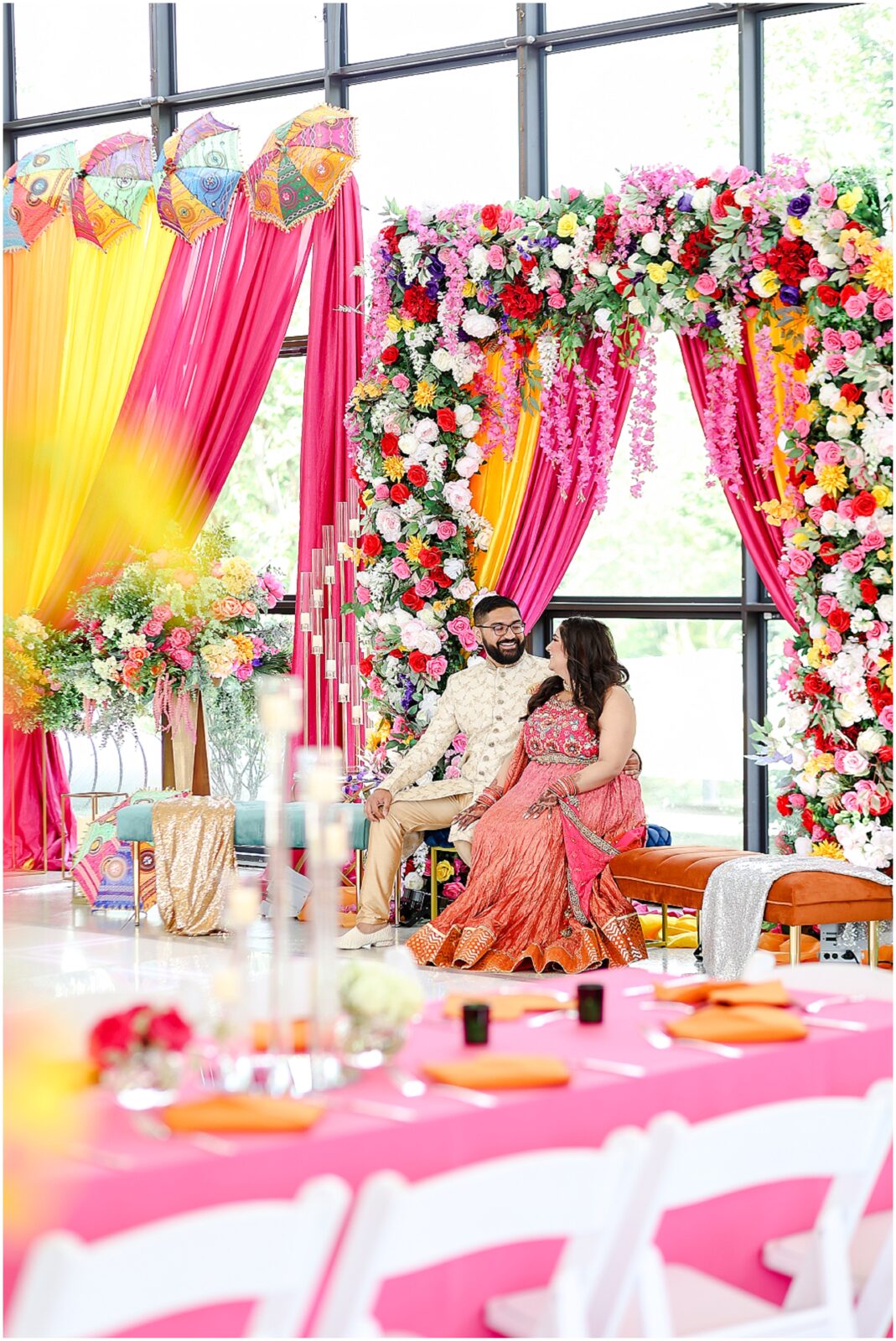 Indian Wedding Sangeet Party at Avent Orangery by Mariam Saifan Photography | Kansas City & STL Indian Wedding Photographer | Colorful Sangeet Decoration Ideas | Wedding at Avent Orangery 