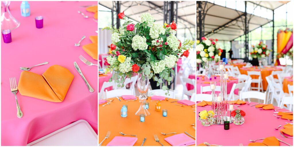 pink and orange wedding decorations at sangeet 