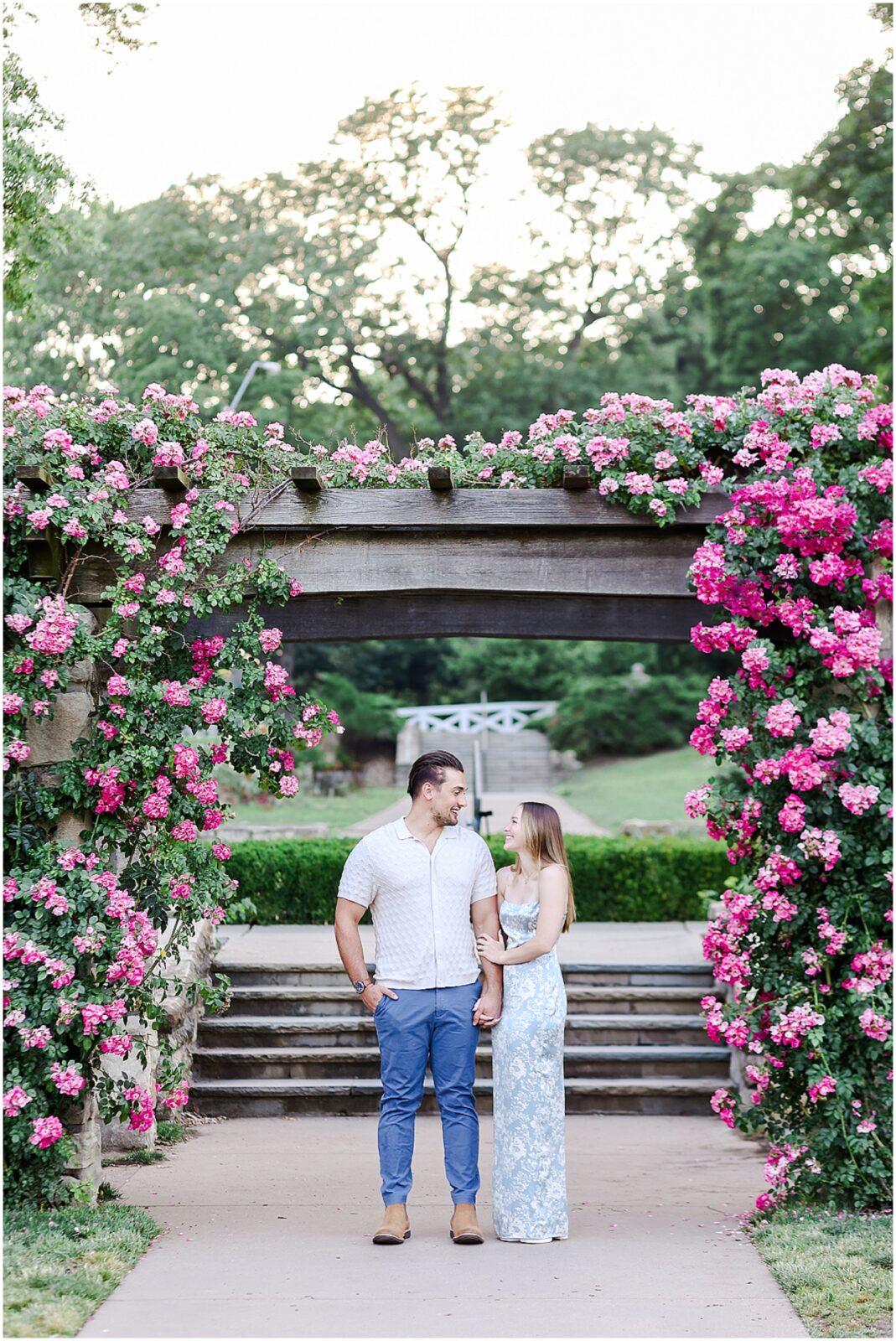 Stunning Romantic Engagement Photos in Kansas City with Light & Airy Vibrant Colors at a Rose Garden in Loose Park and the Nelson Atkins Museum | Isabelle & Collyn | KC Wedding and Engagement Photographer Mariam Saifan Photography