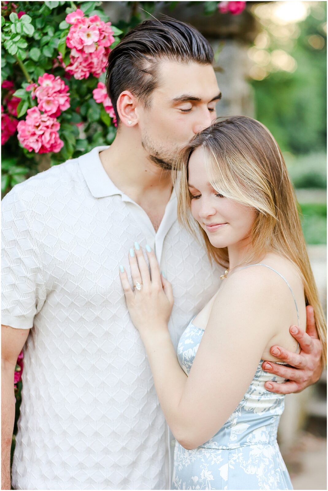 Stunning Romantic Engagement Photos in Kansas City with Light & Airy Vibrant Colors at a Rose Garden in Loose Park and the Nelson Atkins Museum | Isabelle & Collyn | KC Wedding and Engagement Photographer Mariam Saifan Photography