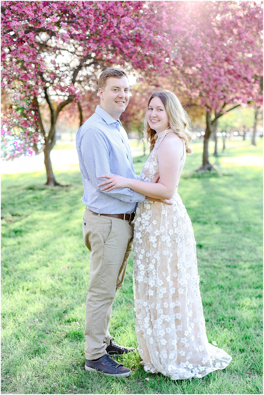 Kansas City and Olathe and Overland Park Kansas - Engagement Photos - Engagement Session - Pink Trees - Spring Pink Flowers Wedding Photos