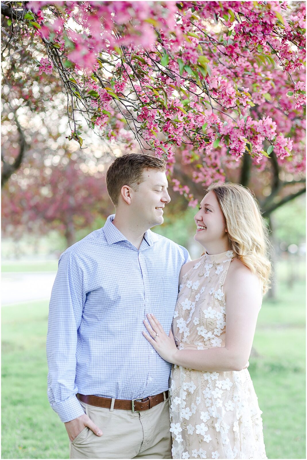 Kansas City and Olathe and Overland Park Kansas - Engagement Photos - Engagement Session - Pink Trees - Spring Pink Flowers Wedding Photos