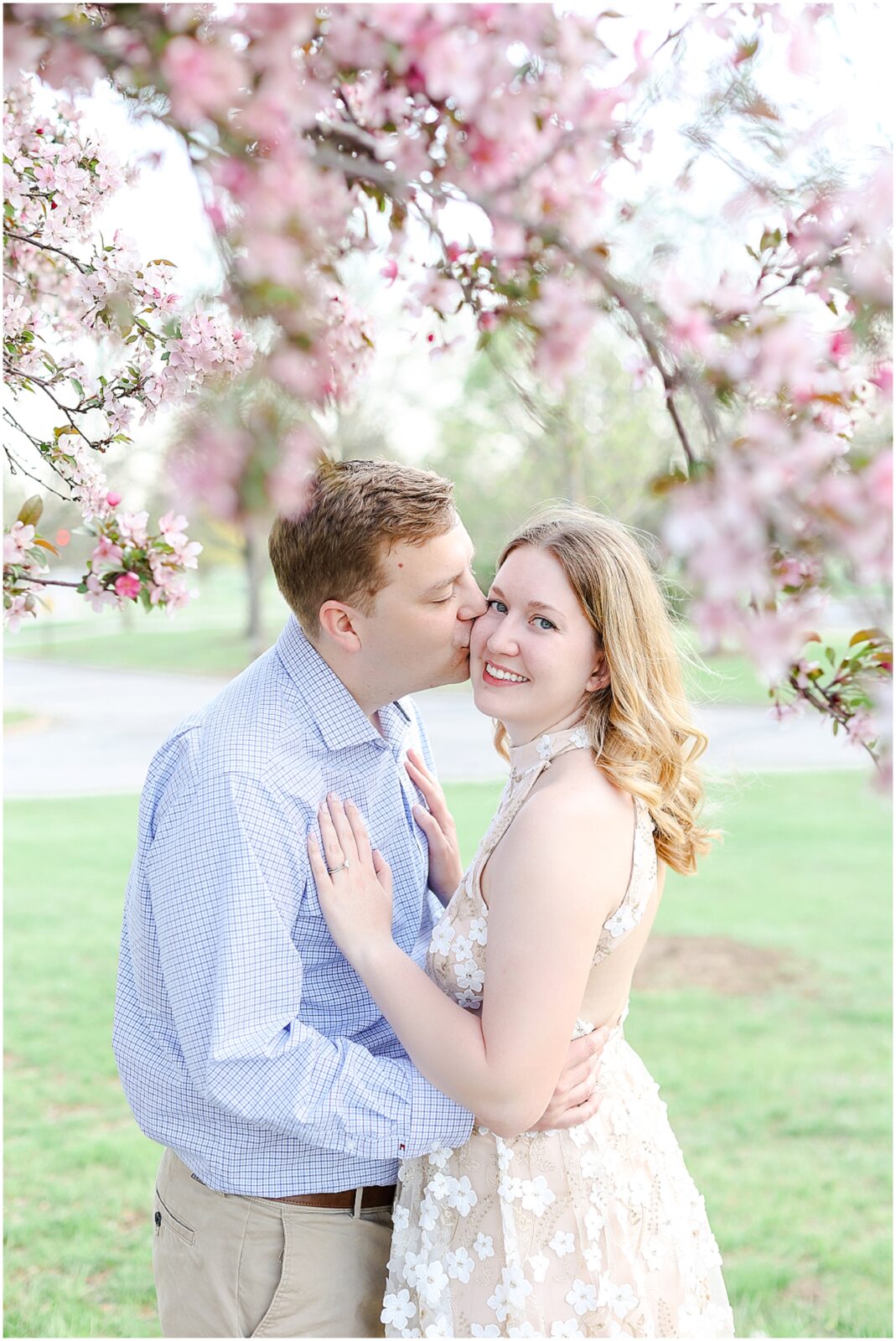 Kansas City and Olathe and Overland Park Kansas - Engagement Photos - Engagement Session - Pink Trees - Spring Pink Flowers Wedding Photos