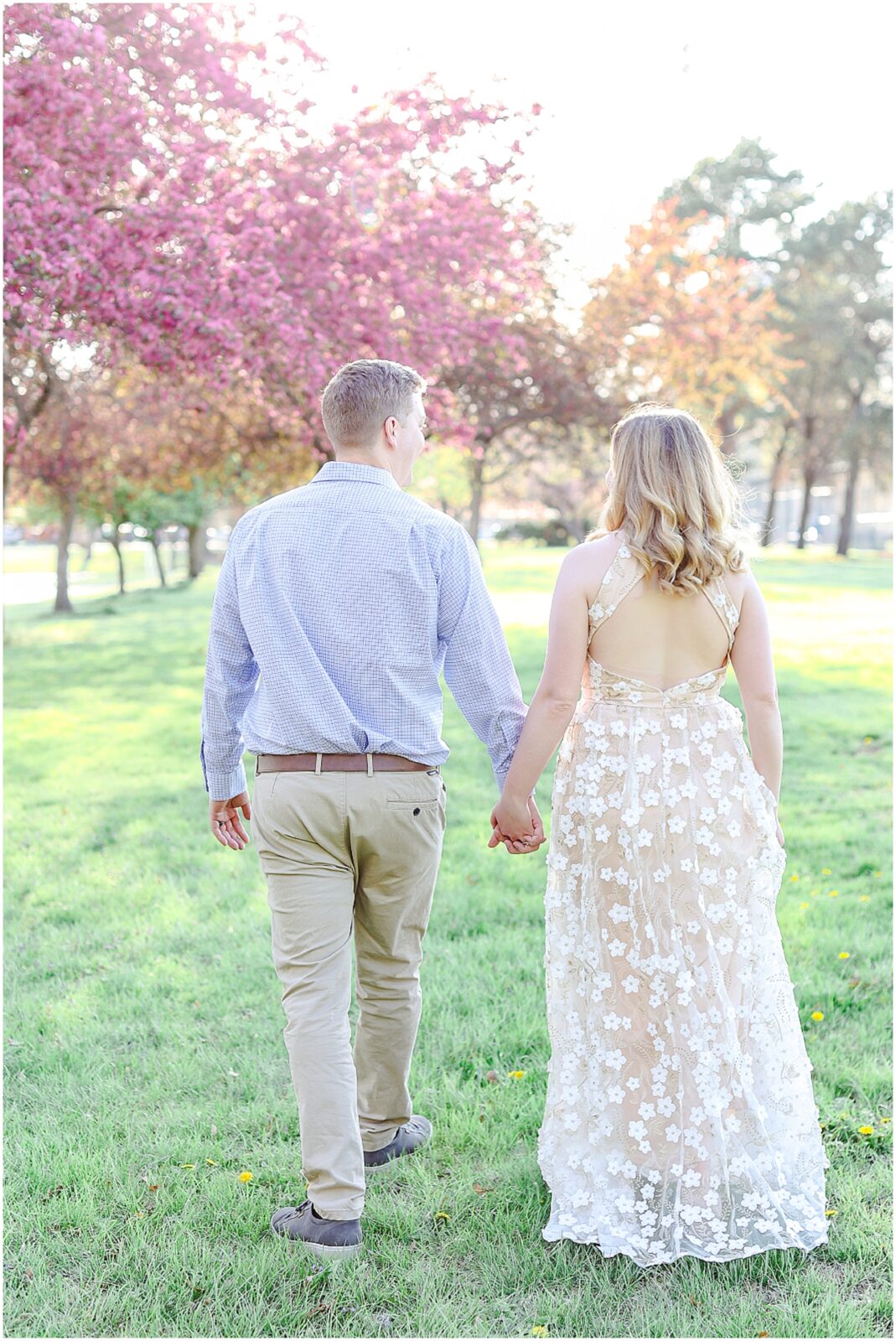 Kansas City and Olathe and Overland Park Kansas - Engagement Photos - Engagement Session - Pink Trees - Spring Pink Flowers Wedding Photos