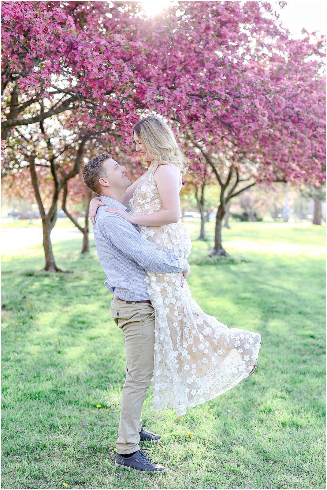 Kansas City and Olathe and Overland Park Kansas - Engagement Photos - Engagement Session - Pink Trees - Spring Pink Flowers Wedding Photos