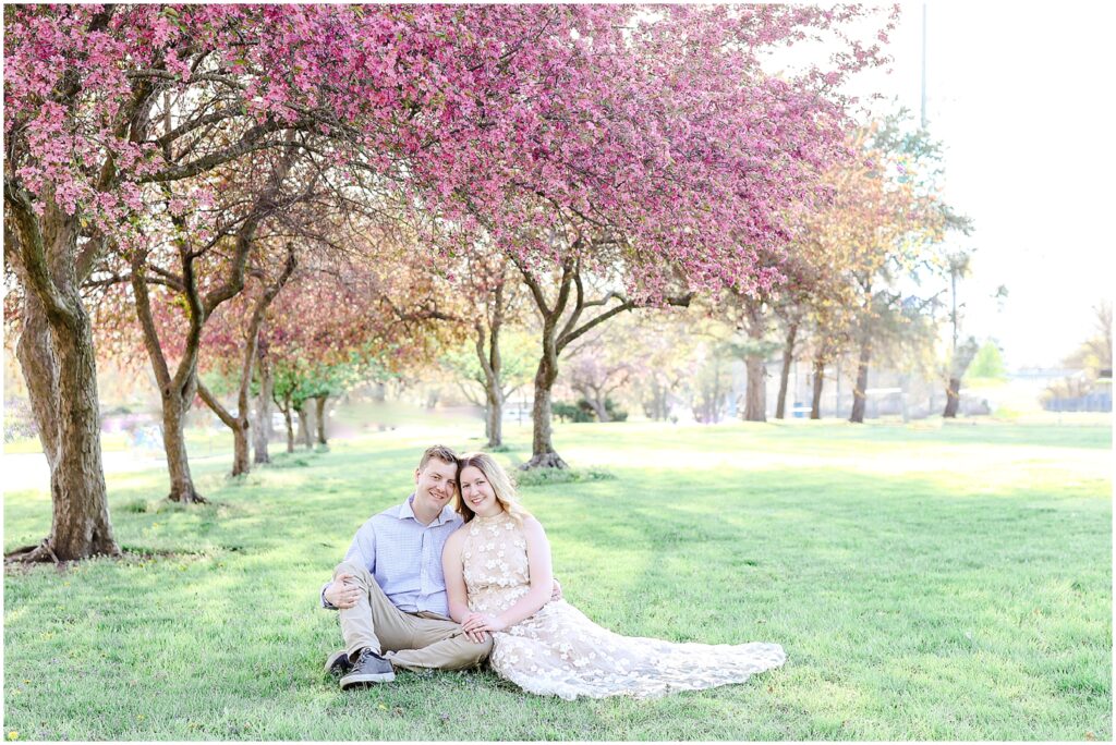 Kansas City and Olathe and Overland Park Kansas - Engagement Photos - Engagement Session - Pink Trees - Spring Pink Flowers Wedding Photos