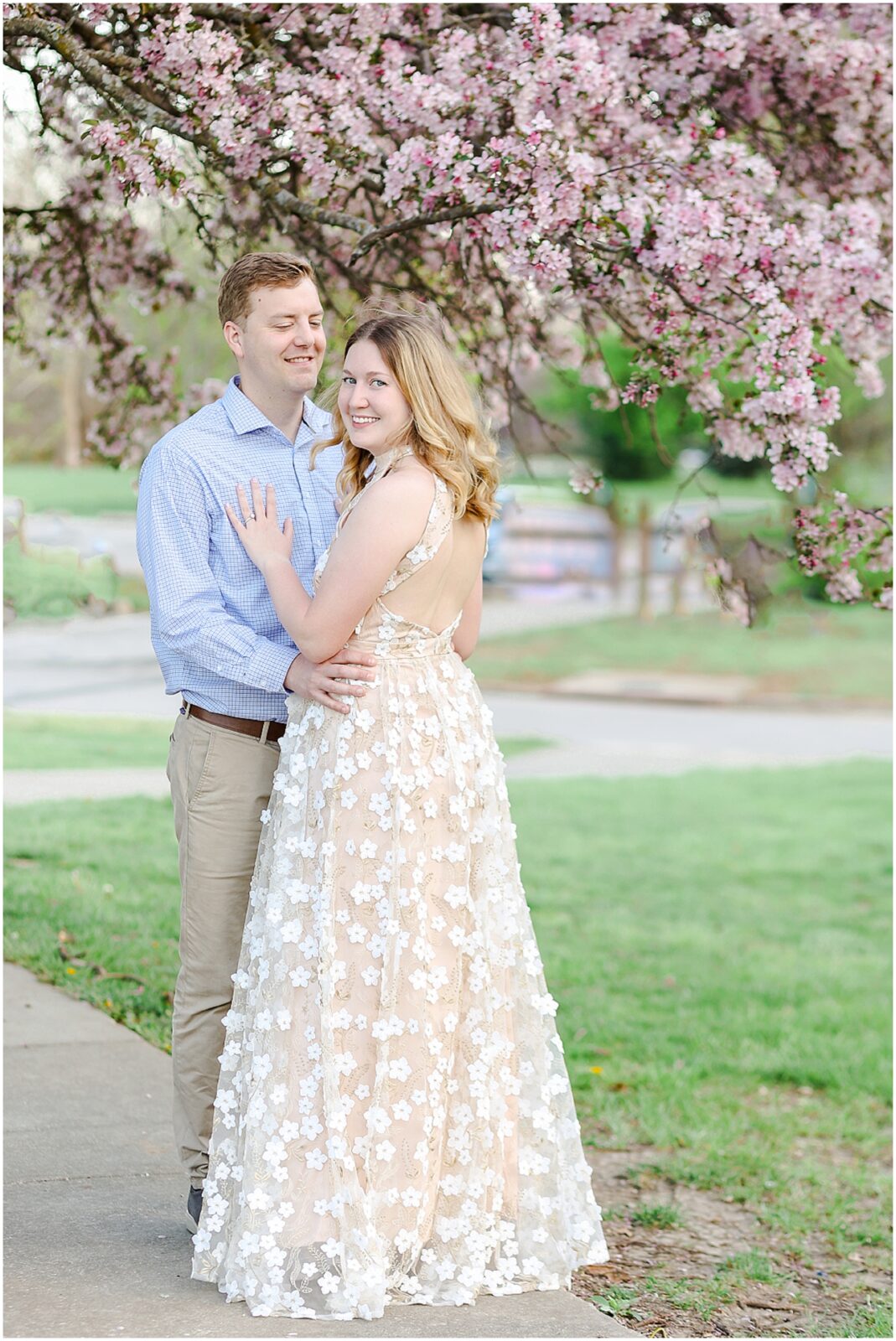 Kansas City and Olathe and Overland Park Kansas - Engagement Photos - Engagement Session - Pink Trees - Spring Pink Flowers Wedding Photos