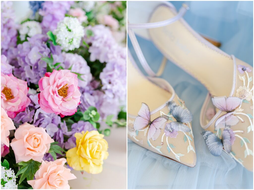 colorful pink purple yellow rainbow garden wedding flowers - butterfly shoes 