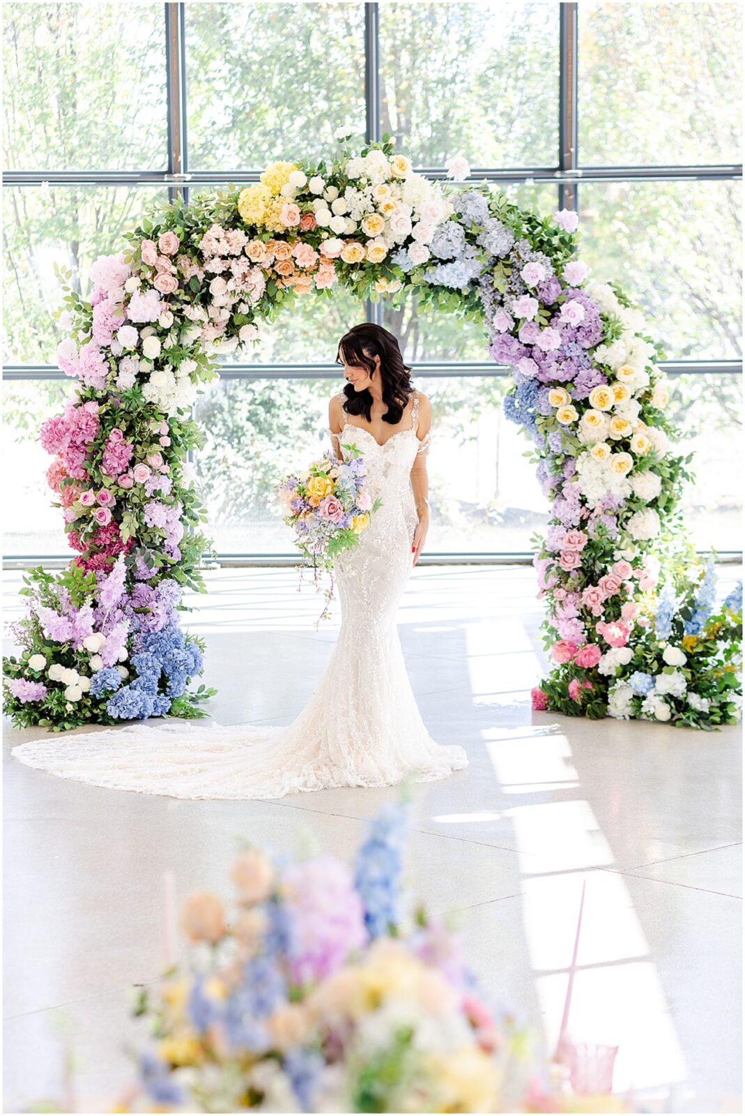 white lace wedding dress with long veil by the One Bridal in kansas city - Mariam Saifan Photography - luxury wedding photography based in KC and STL 30A Florida - Colorful pink flower arch for wedding - italian wedding theme - garden wedding theme  - avent orangery - hair by ezoza 