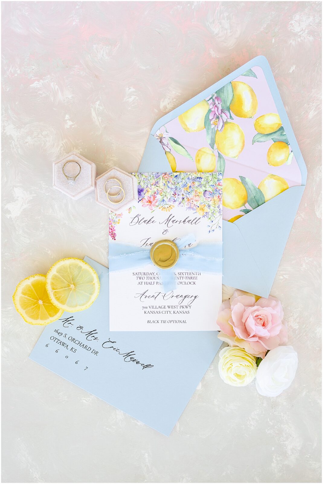 Kansas City luxury wedding photography - Mariam saifan photography - flatlay wedding details - colorful wedding invitations with flowers and lemons - citrus garden theme  wedding invitations 