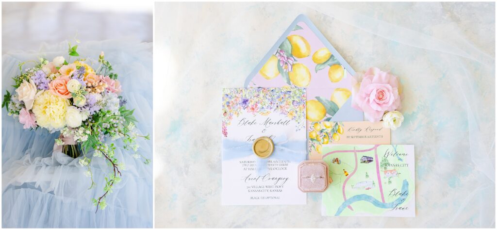 Kansas City luxury wedding photography - Mariam saifan photography - flatlay wedding details - colorful wedding invitations with flowers and lemons - citrus garden theme  wedding invitations  - butterfly wedding shoes bella belle shoes