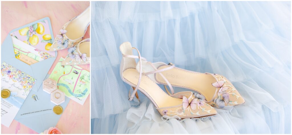 Kansas City luxury wedding photography - Mariam saifan photography - flatlay wedding details - colorful wedding invitations with flowers and lemons - citrus garden theme  wedding invitations  - butterfly wedding shoes bella belle shoes