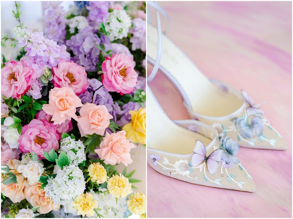 Kansas City luxury wedding photography - Mariam saifan photography - flatlay wedding details - colorful wedding invitations with flowers and lemons - citrus garden theme  wedding invitations  - butterfly wedding shoes bella belle shoes - gorgeous colorful wedding flowers kc wedding florist honoring yours