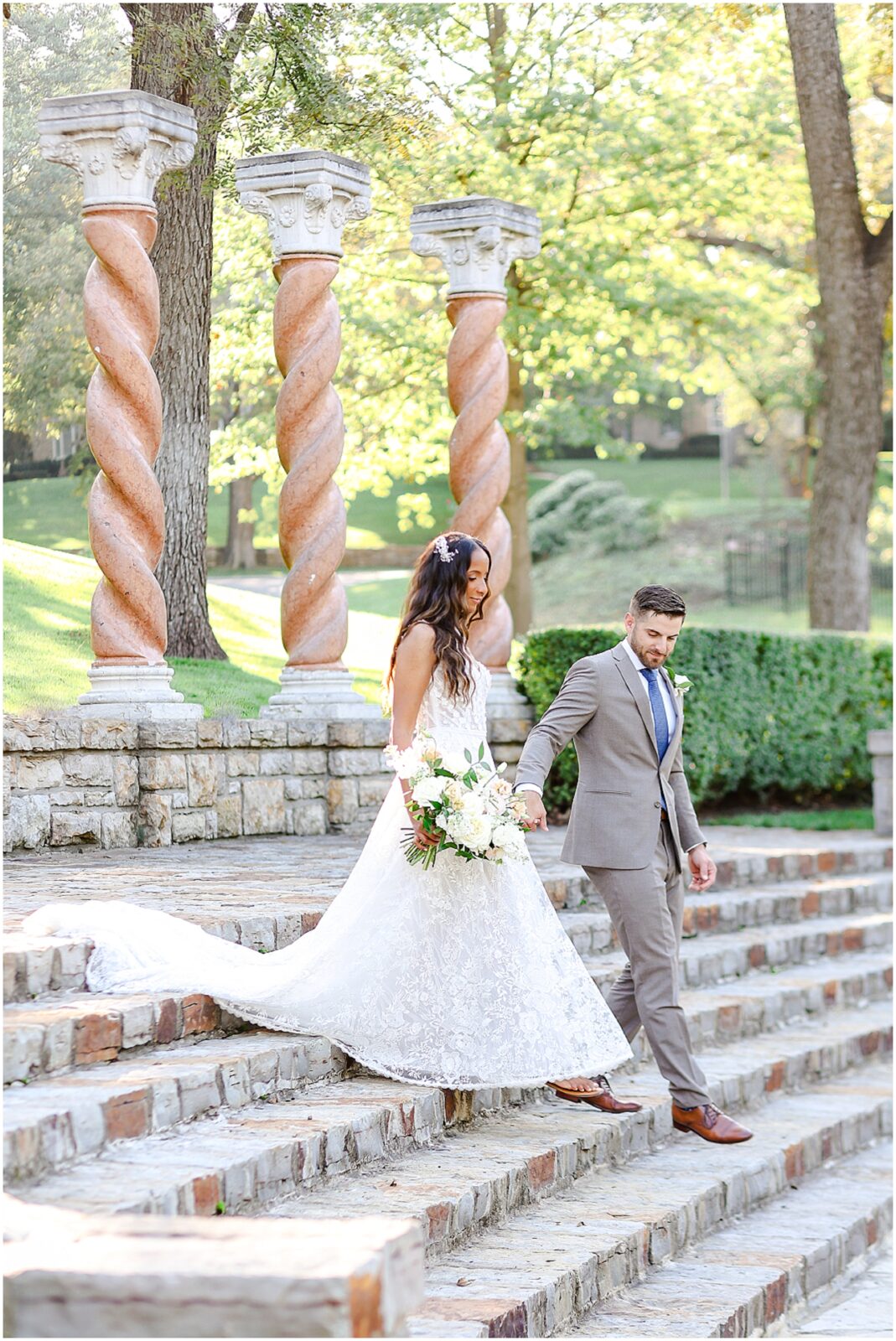 Kansas City elopement wedding photos  - kc wedding - mission kansas wedding photography - verona columns - mariam saifan photography - interracial couple - lace wedding dress - soft wedding flowers