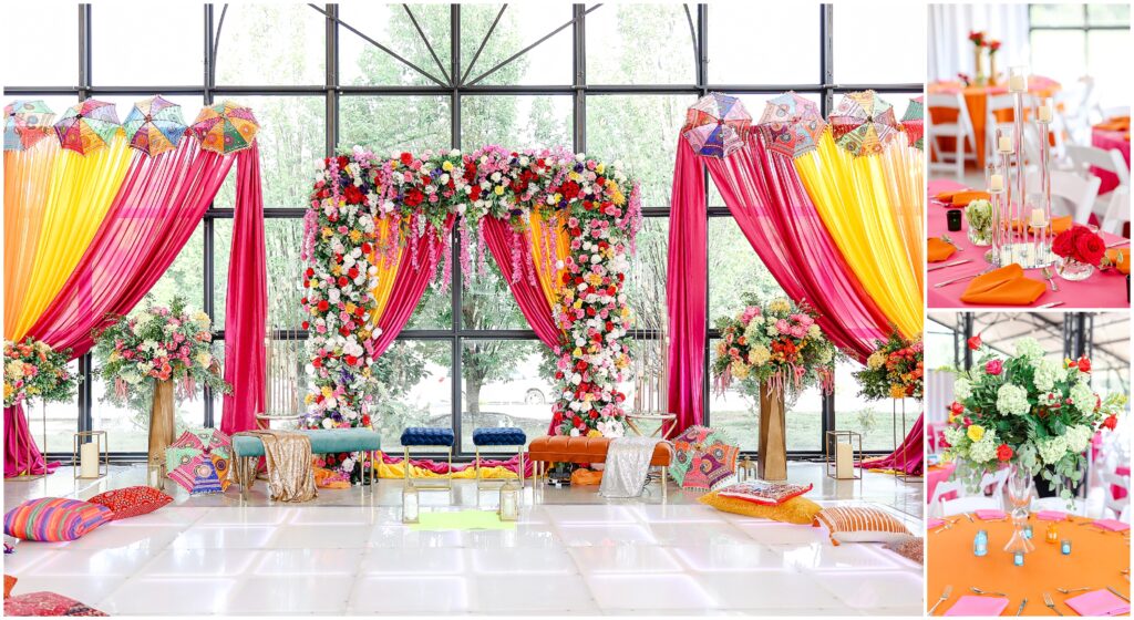 Very colorful sangheet wedding decorations - colorful wedding set up - A multi-day indian muslim wedding in kansas city by mariam saifan photography - colorful sangheet decorations - wedding ceremony, wedding reception, sangheet party, at Avent Orangery in Kansas City 