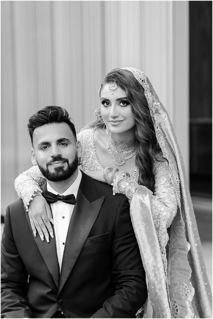 Pakistani bride in elegant bridal outfit at her Kansas City wedding reception – South Asian wedding photographer STL